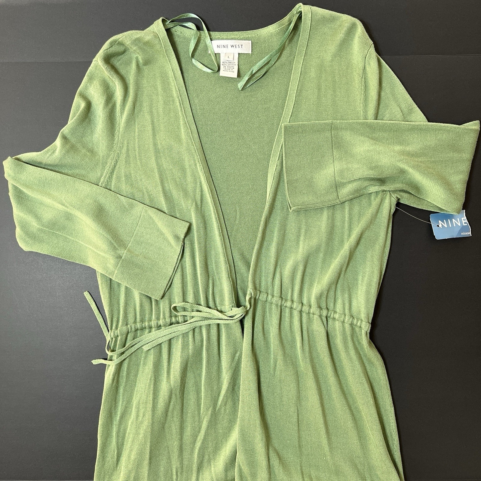 Nine West Womens L Green Long Sleeve Open Front Cardigan Sweater Nwt Preppy